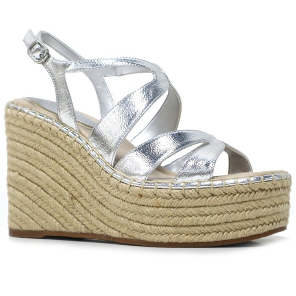 Kenneth Cole Solace Silver Espadrille Platform Wedge Sandal 9 Resort Wear Retro